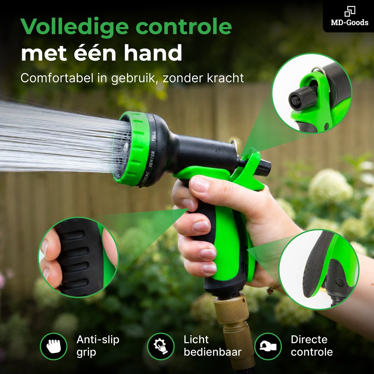 MD-Goods Flexibele Tuinslang tot 30 Meter + Sproeikop, opbergtas en koppelstukken - uitrekbare Waterslang - Zwart/Groen thumbnail 7