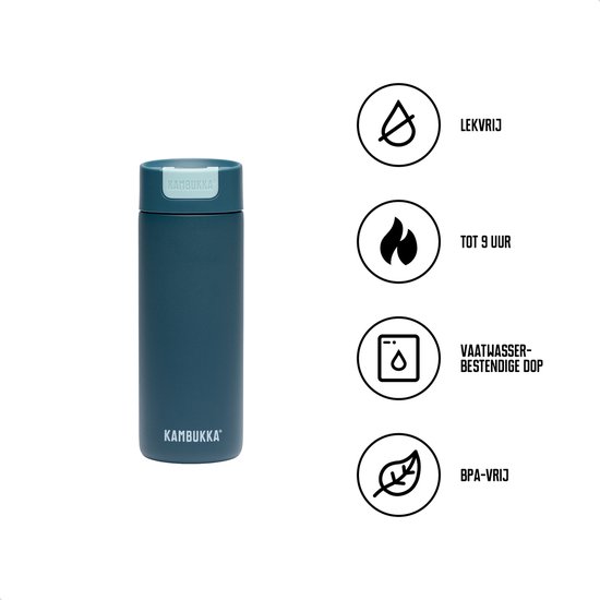 Blauwe Kambukka thermosbeker met lichtblauwe dop. Iconen tonen lekvrij, tot 9 uur warm, vaatwasserbestendige dop en BPA-vrij.