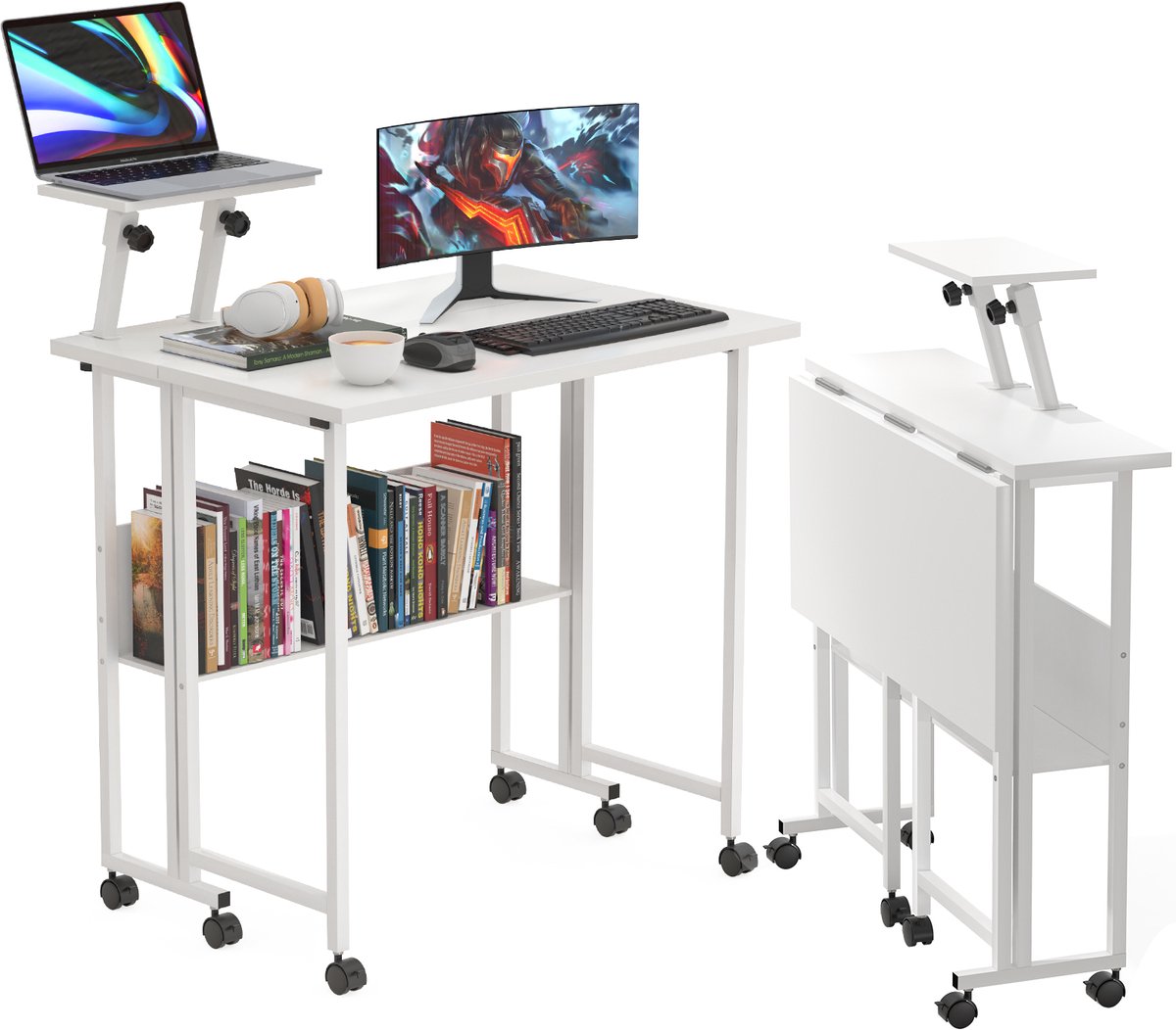 PIPIPOXER-Opklapbaar bureau, computerbureau op wielen met opbergvak, opklapbare tafels voor thuiskantoor, slaapkamer, woonkamer, 58x80x75cm, Wit