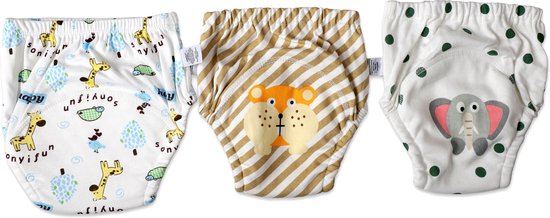 Drie Bummy oefenbroekjes: wit met olifantprint, wit met giraffenprint, beige met leeuwenprint.