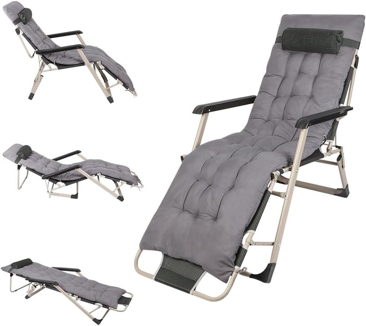 Vouwbed met Matras - Kampeerbed Lounger - Ontspannen Buiten - Verstelbare Rugleuning - 180 cm Lengte - Grijs