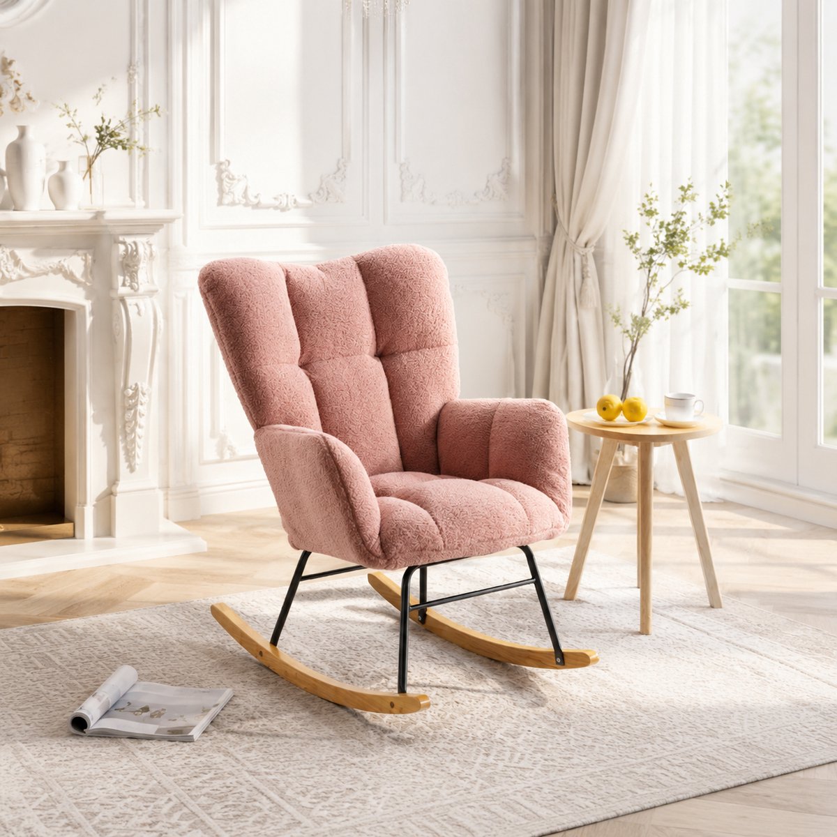 Schommelstoel - Teddy Stof - Relaxstoel - babykamer - Fauteuil - Voedingsstoel - Roze