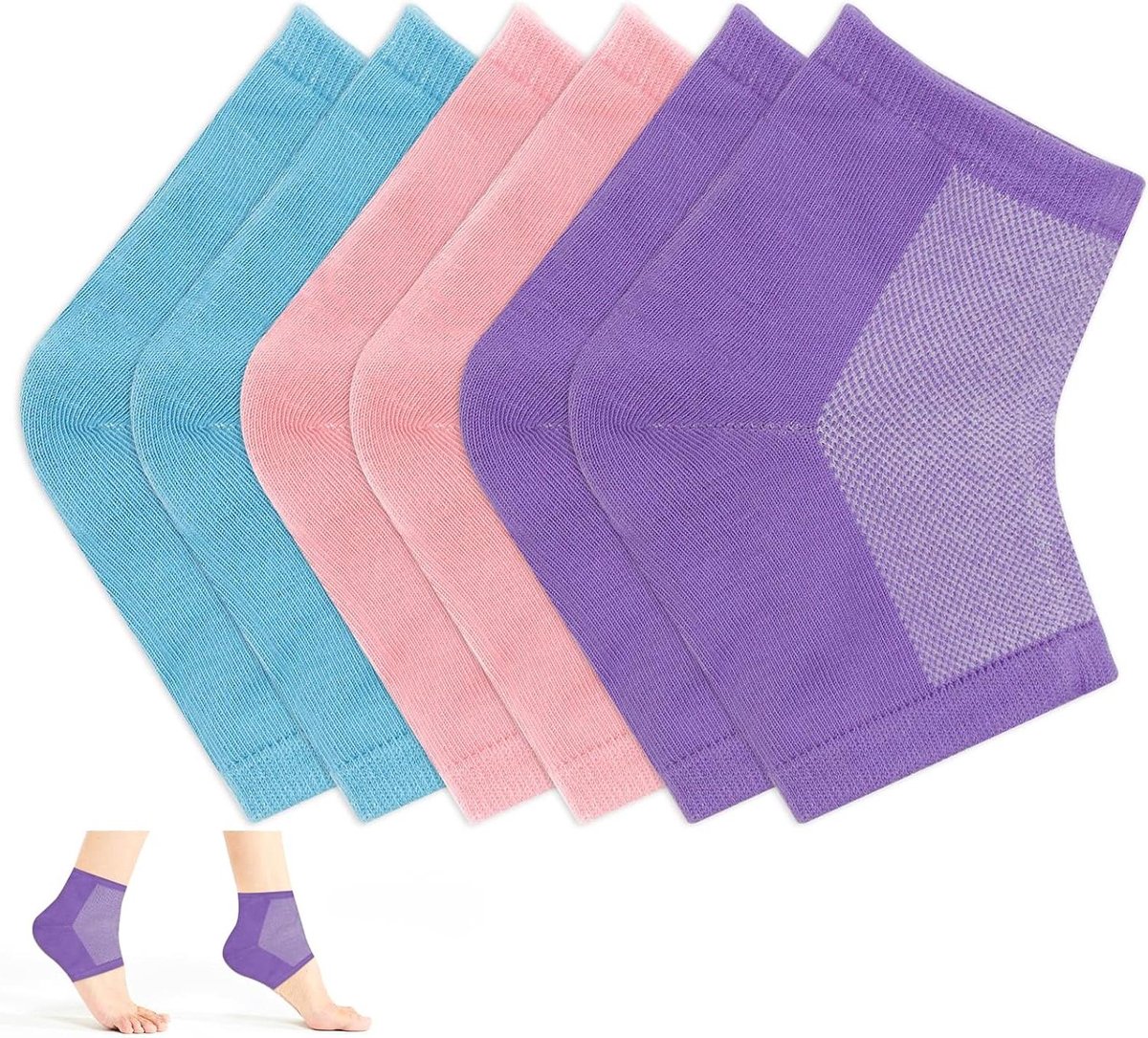 Gelhielsokken 3 paar - Vochtinbrengende sokken - Hielverzorging - Open teen ontwerp - 3 paar - Paars roze blauw