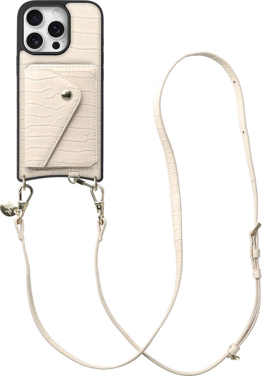 AVY Leren Hoesje geschikt voor Apple iPhone 16 Pro Max | Met Koord en Kaarthouder | Compatibel met MagSafe | Leather Case met Crossbody Koord & Wallet | Long Leather | Croco Beige