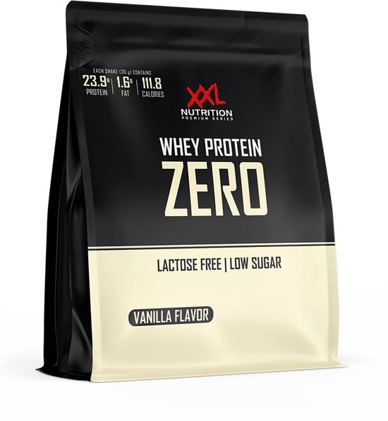 Zwarte verpakking van XXL Nutrition Whey Protein Zero, lactosevrij en suikerarm, met vanillesmaak.