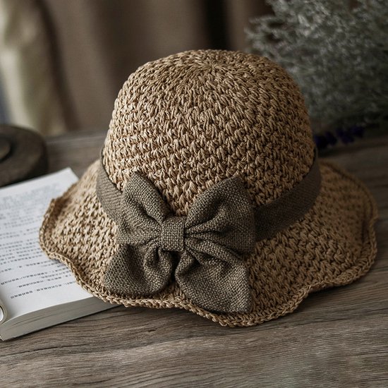 Lichtbruine strooien bucket hat met een donkerbruine strikband en strik