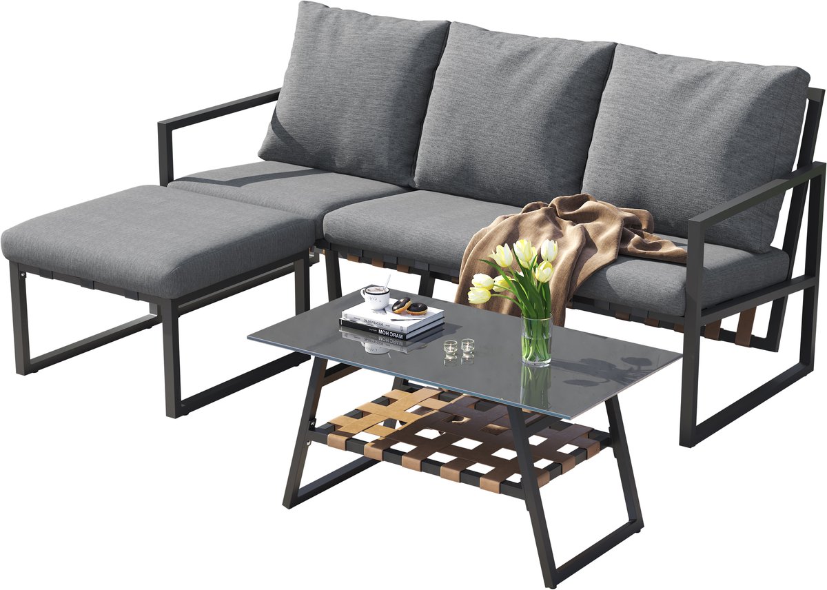 Tuin Hoekset 3-delig Grijs – Lounge Set met Voetenbank & Glazen Tafel – Weerbestendig Tuinmeubel met Kussens – PU Weefsel – foto 3