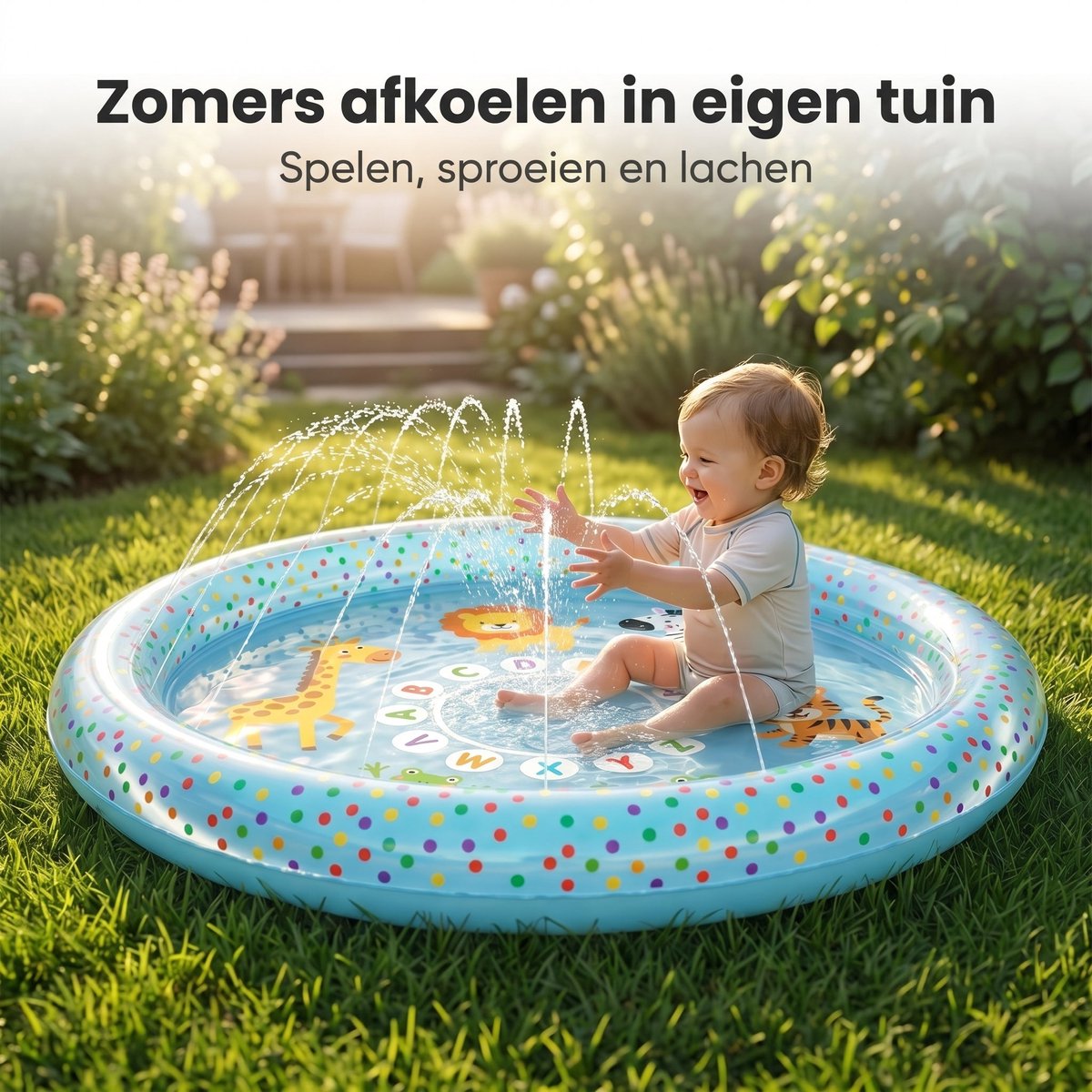 Lomera Opblaasbaar Zwembad met Sproeifunctie - Kinderzwembad - Babyzwembad - Babybadje - Peuterbad - Pierenbadje - met Sproeier - Waterspeelmat - Waterspeelgoed - Buitenspeelgoed voor Kinderen - Waterpret - Tuinslang Aansluiting — afbeelding 3