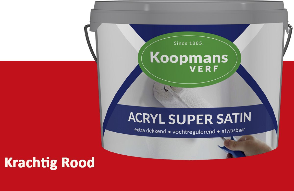 Koopmans Acryl Super Satin Zijdeglans Muurverf – Reinigbare Binnen- en Buitenverf voor Muren & Plafonds – Krachtig Rood – 1 l