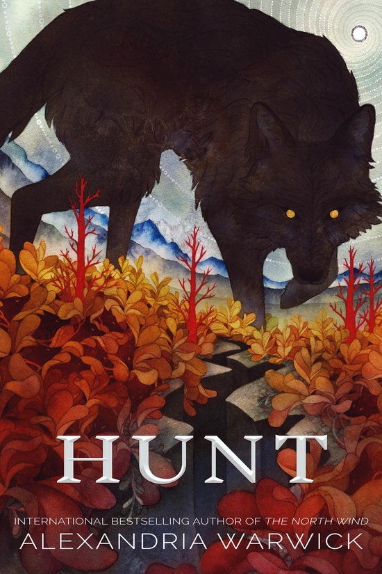Boekomslag voor "Hunt" met een zwarte wolf die door rood blad en oranje struiken loopt, met bergen op de achtergrond.