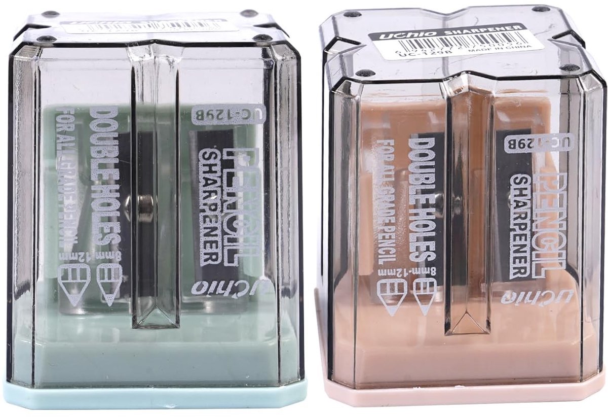 Solidchoice - Dailygoody - Puntenslijper met Container - Dubbele Gat Handmatige Puntenslijper - Compact en Efficiënt - Kleur Willekeurig - Geschikt voor School en K...