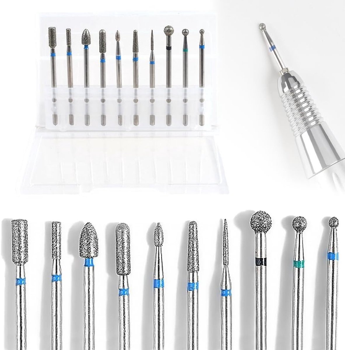 Complete Set van 10 Professionele Nagelvijl Bits voor Elektrische Nagelboor - Inclusief Snij- en Cuticle Verwijderingsbits, Diamant en Carbide Nagelverzorging Tools voor Manicure
