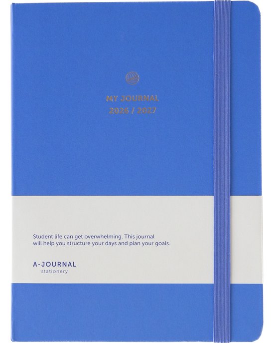 Lavendel blauwe A5 agenda "My Journal" 2026-2027 met elastische sluiting en tekst op de voorkant.