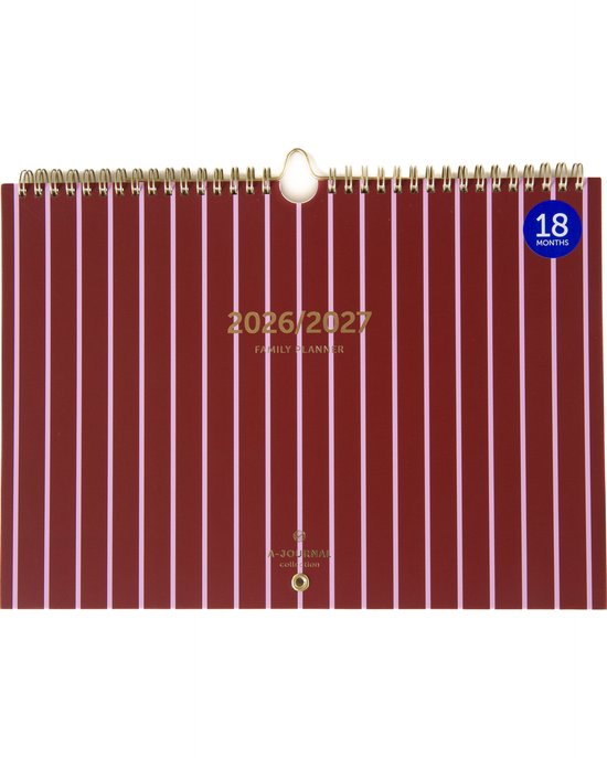 A-Journal - Familieplanner 18 maanden - 2026-2027 - Roze streep