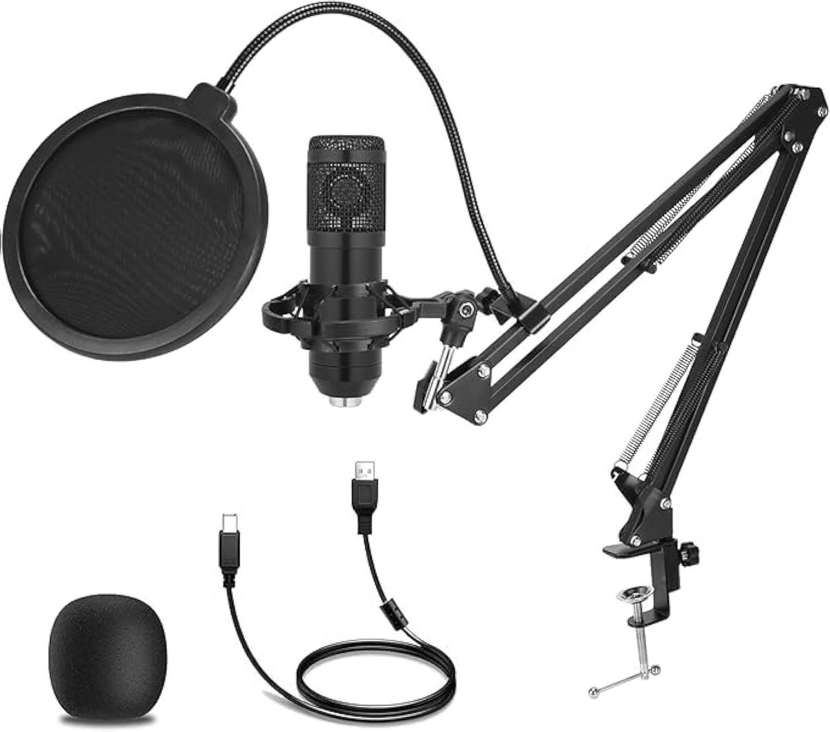 USB Condensator Microfoon - Opname Microfoon Kit - Studio Streaming Gaming - Plug and Play Installatie - 16cm Hoogte - Zwart