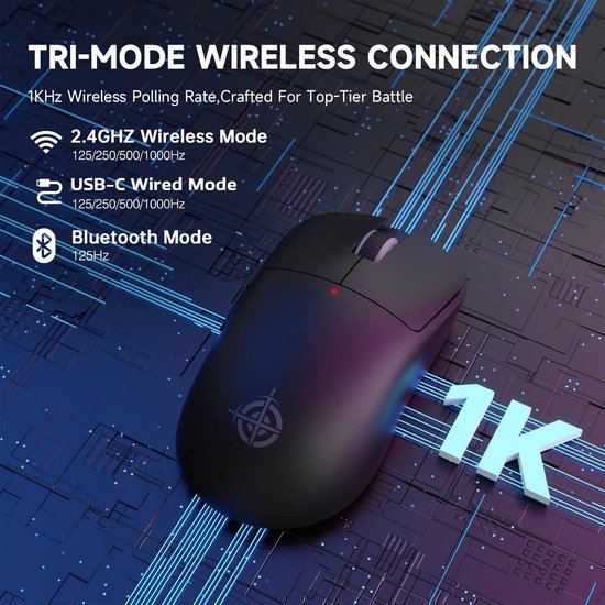 ATTACK SHARK X MAGIC-REFINER G6 Draadloze Gamingmuis, 72 g lichtgewicht, 24.000 dpi, 1000Hz Polling Rate, BT/2.4G Draadloze/Bedrade Gamingmuis, RGB, 750 mAh Batterij, met Griptape voor pc/Mac - Zwart — afbeelding 3