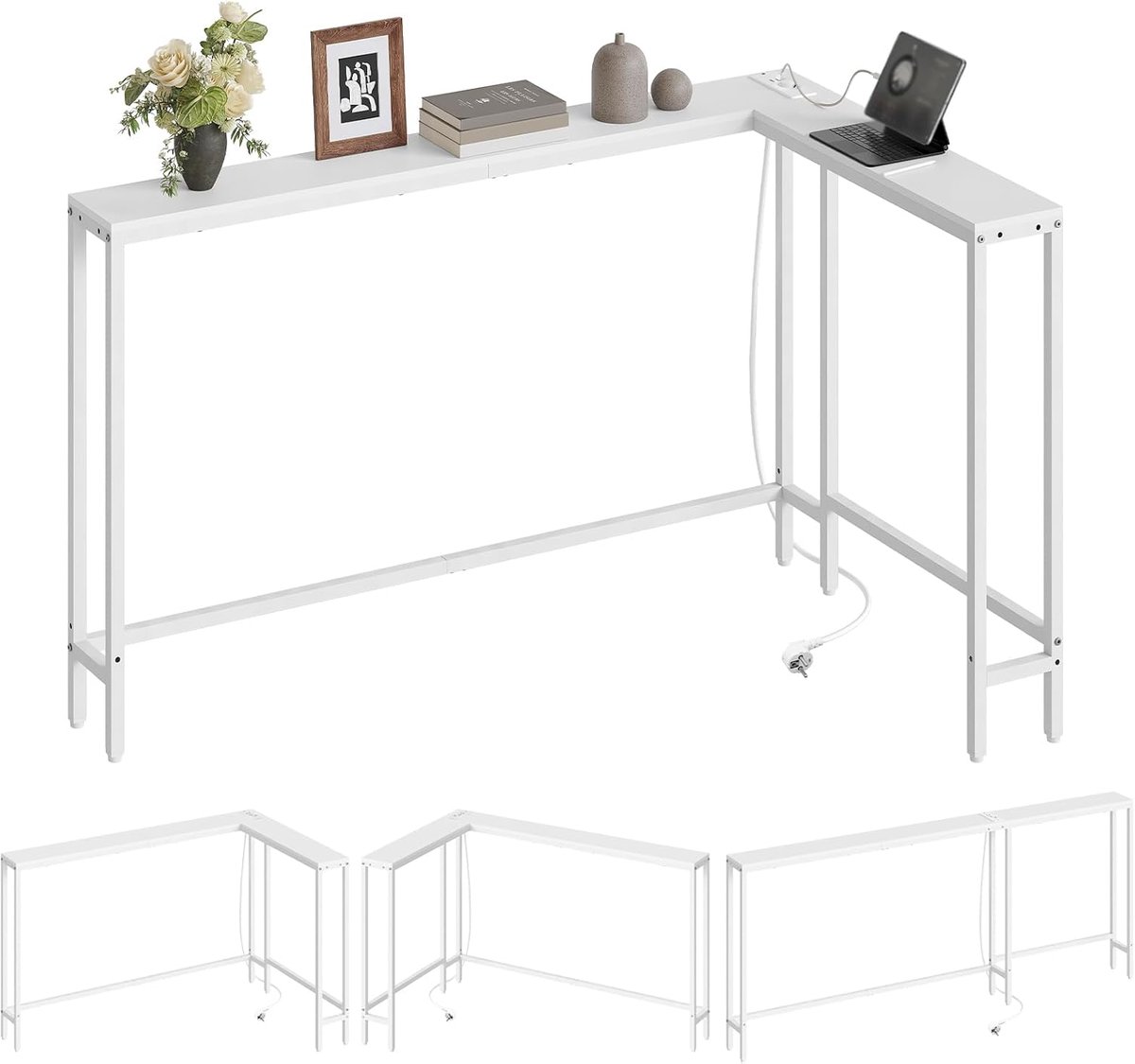 HOMESY Consoletafel smal, 180 cm L-vormige ingangstafel, 15 cm brede gangtafel, 3 combinatiemodi, 1 stopcontact en 2 USB-poorten, voor woonkamer, hal, achter de bank, Wit