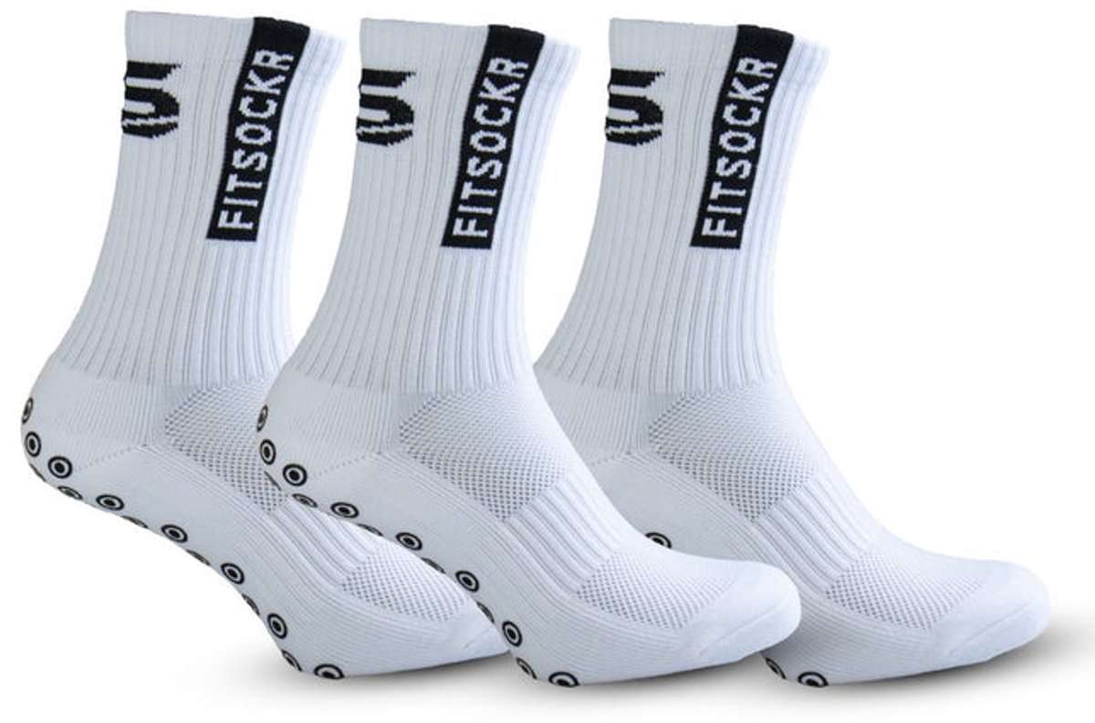 FitSockr Gripsokken Voetbal 3 Paar - Sportsokken - Voetbalsokken - Padel sokken - Antislip Sokken Heren/Dames/Kind - One - Wit - Maat 44-48Maat 32-36