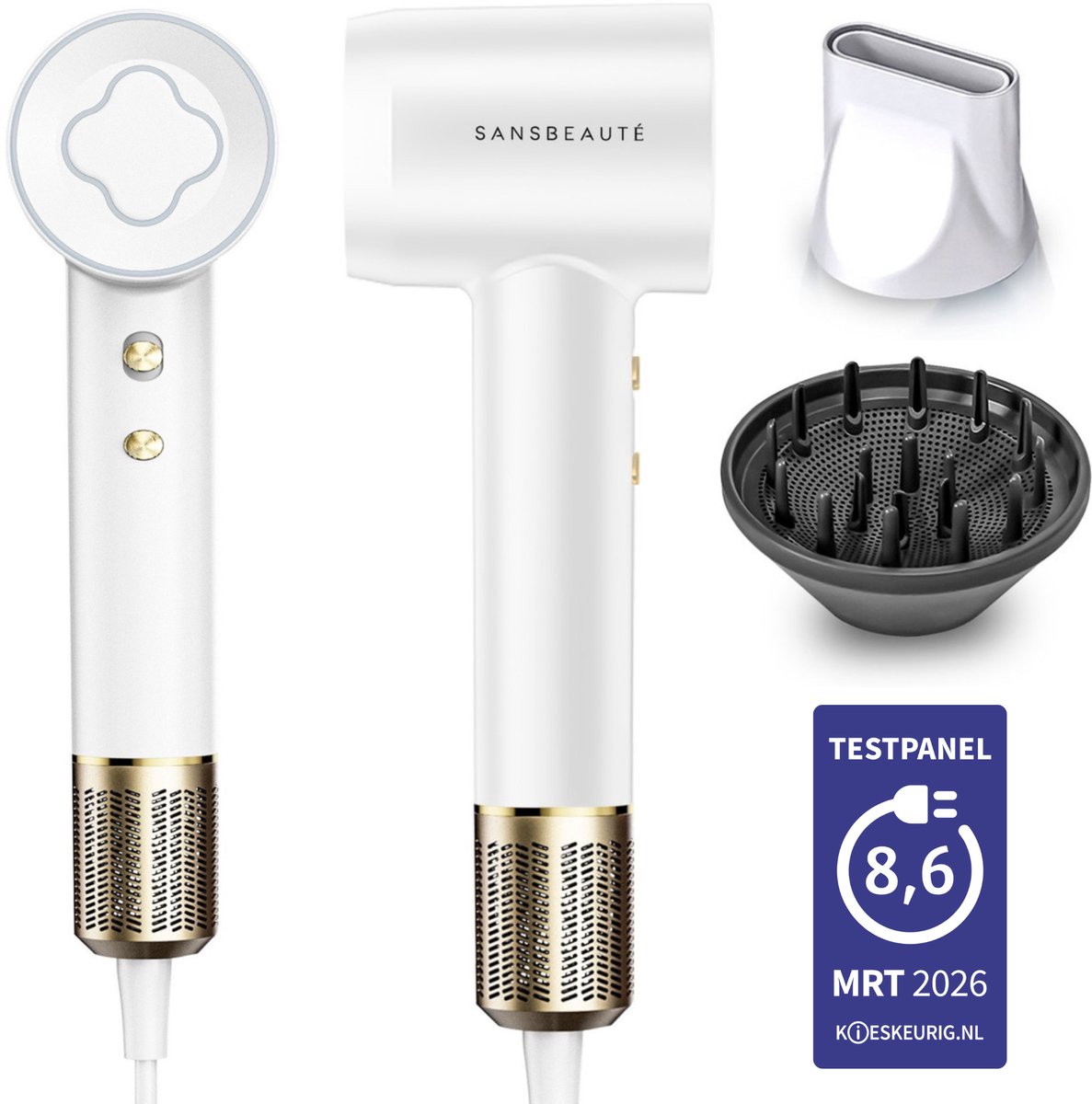 Sansbeauté® Föhn met Diffuser – Krullen – 110.000RPM - Ionische Haardroger met Borstel - 3 Standen - 3 Opzetstukken – Reisföhn - Coolshot – Haarföhn met Diffuser – Hair Dryer - 2000W - EssentiaPRO®