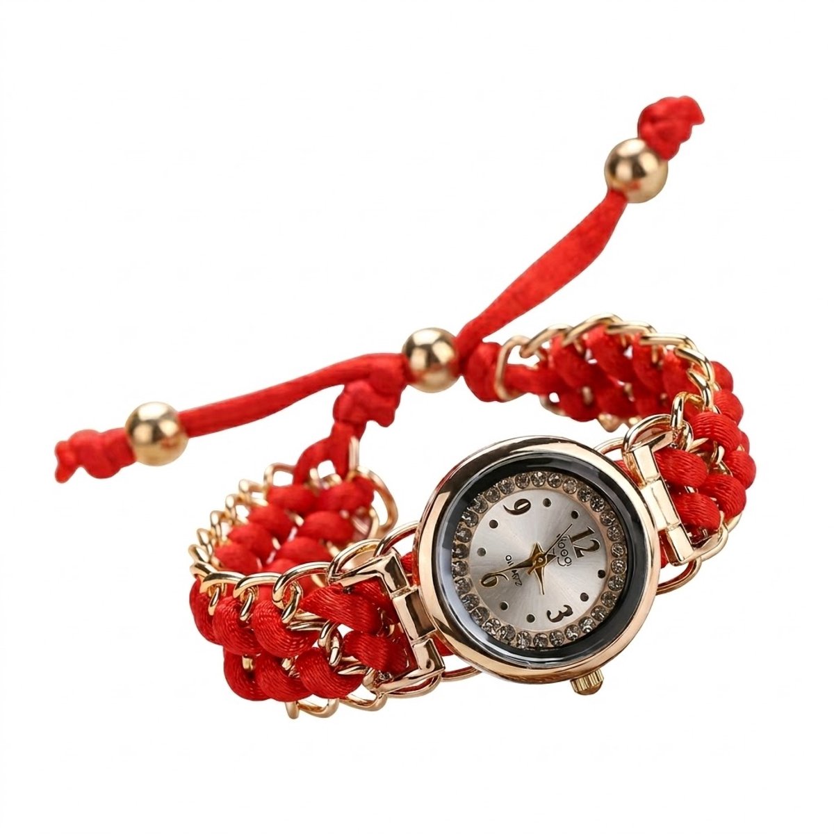 Rood met goudkleurig analoog horloge dames met gevlochten band en ronde wijzerplaat - decoratief polshorloge met kettingdetails en verstelbaar koord
