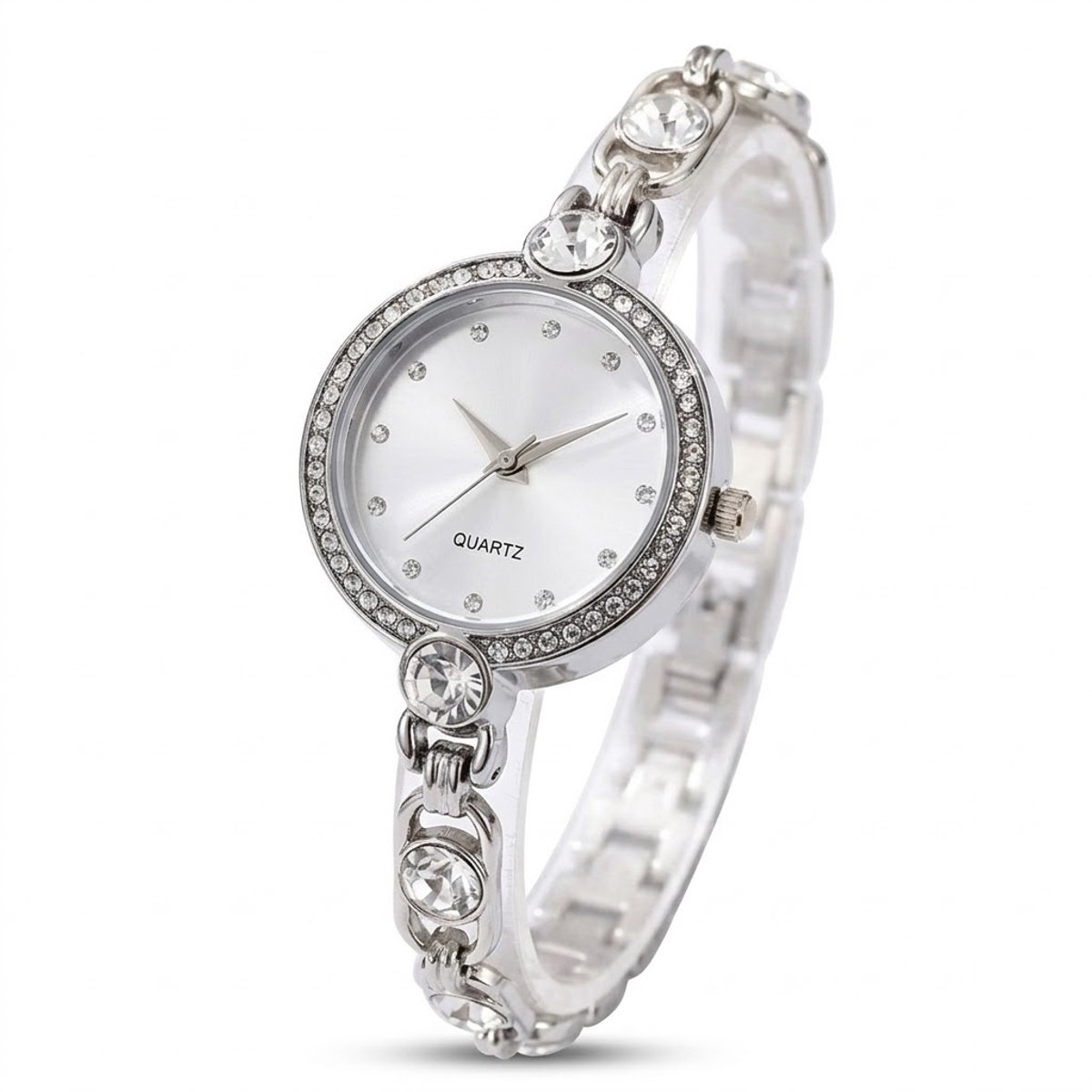 Zilverkleurig analoog horloge dames - rond uurwerk met kristal accenten - smalle polsband met transparante stenen - quartz horloge