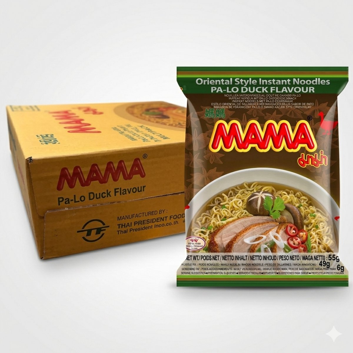 MAMA Instant Noodles Pa-Lo Eend – Authentieke Thaise eendensmaak – Multipack 60 x 55 g (totaal gewicht 3,3kg) – Snelle maaltijd met een pittige kruidensmaak Met Kajal Sticker