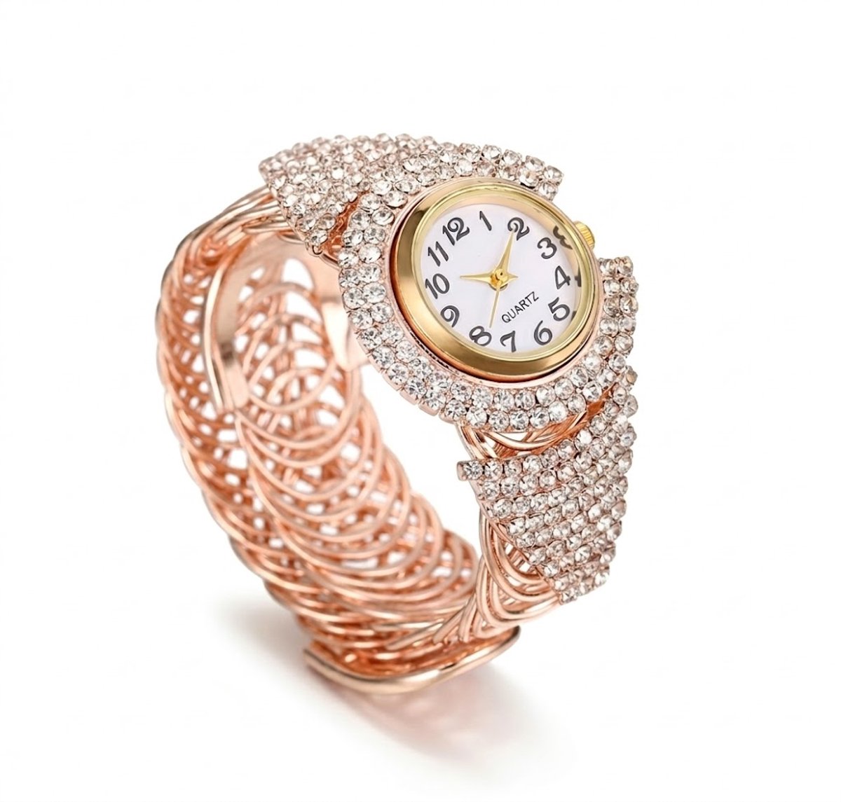 Roségoudkleurig analoog horloge dames - rond uurwerk met glanzende kristal accenten - elastische polsband met diamantlook details - quartz horloge