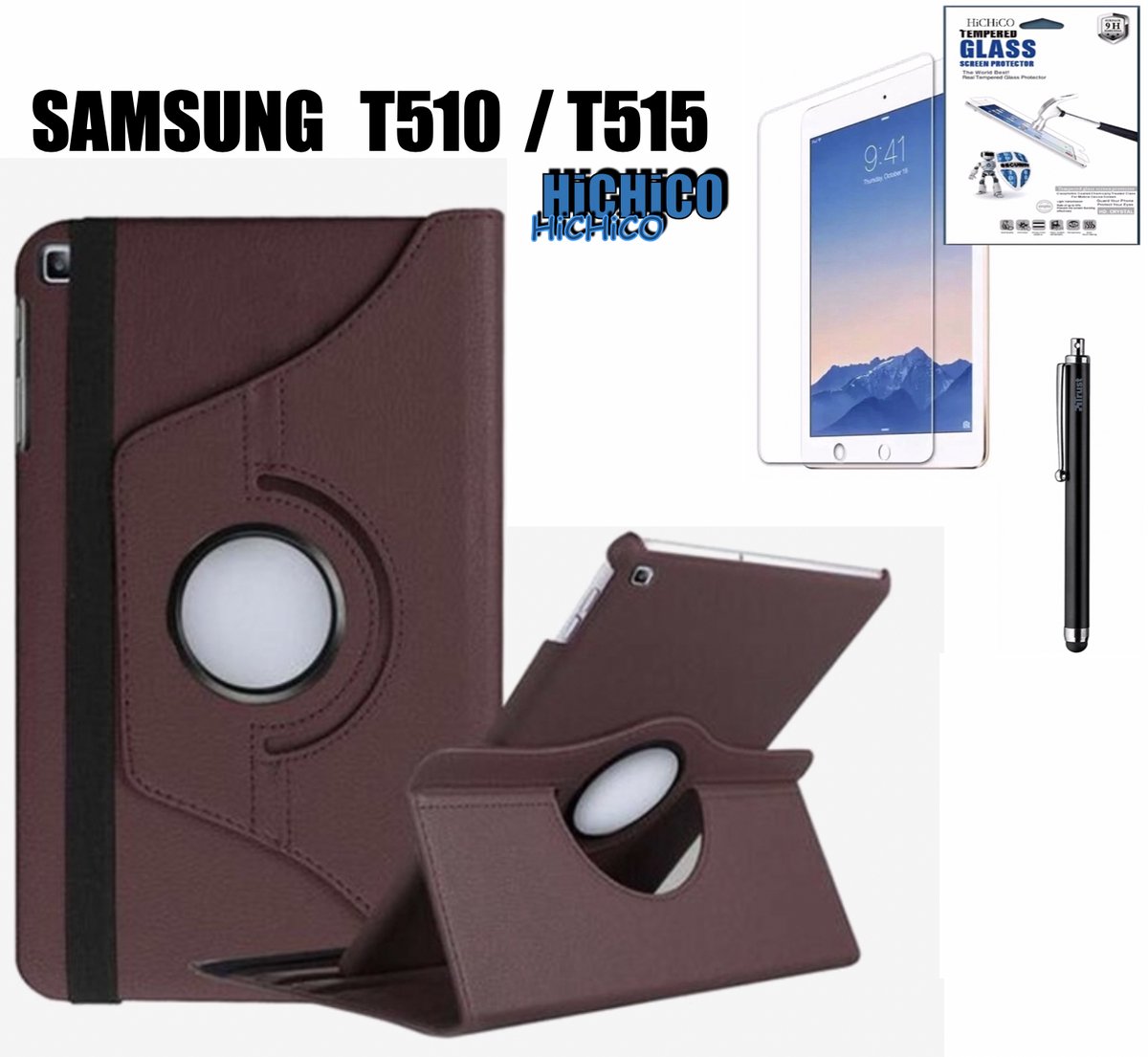 Samsung Galaxy Tab A 10.1 (2019) T510 / 515, HiCHiCO Tablet Hoes met 360° draaistand Cover Tablet hoesje Bruin en Stylus Pen + Screen Protector