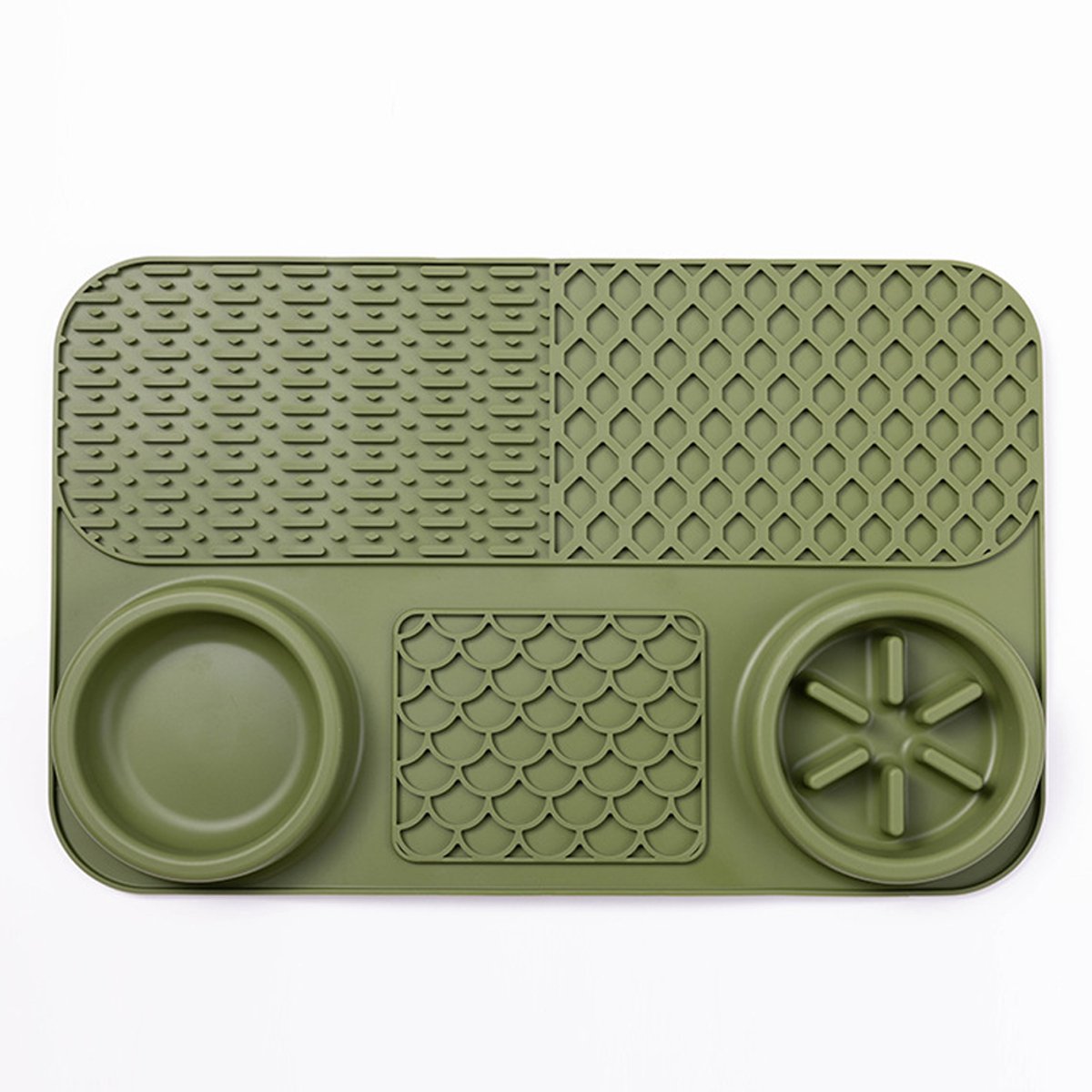 3-in-1 Slowfeeder Mat voor Honden & Katten - Siliconen Likmat met Voerbak - Anti-Schrokmat voor Nat- en Droogvoer - Vaatwasserbestendig - Legergroen