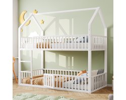 Wishdor - Metall Etagenbett Met Huisontwerp - Hochbett Design - Onderste Ruimte Voor Rust & Vrije Tijd - Kleine Deur - Veilige Voorste Ladder - Rundom Veiligheidshekken - Robuuste Metaalconstructie - Wit - 90 X 200 Cm - Kindvriendelijk
