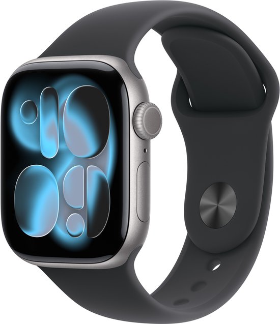 Montre Apple gris sidéral avec bracelet sport noir, cadran abstrait bleu, vue de côté.