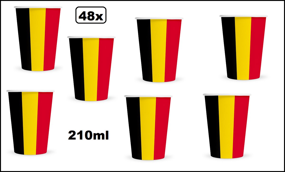 48x Beker zwart/geel/rood 210ml karton - Drinken Belgie WK 2026 BBQ thema feest verjaardag feest