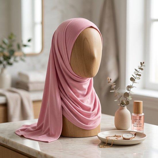 Roze hijab gedrapeerd om een houten paspop, naast een flesje gezichtsolie en een ketting.