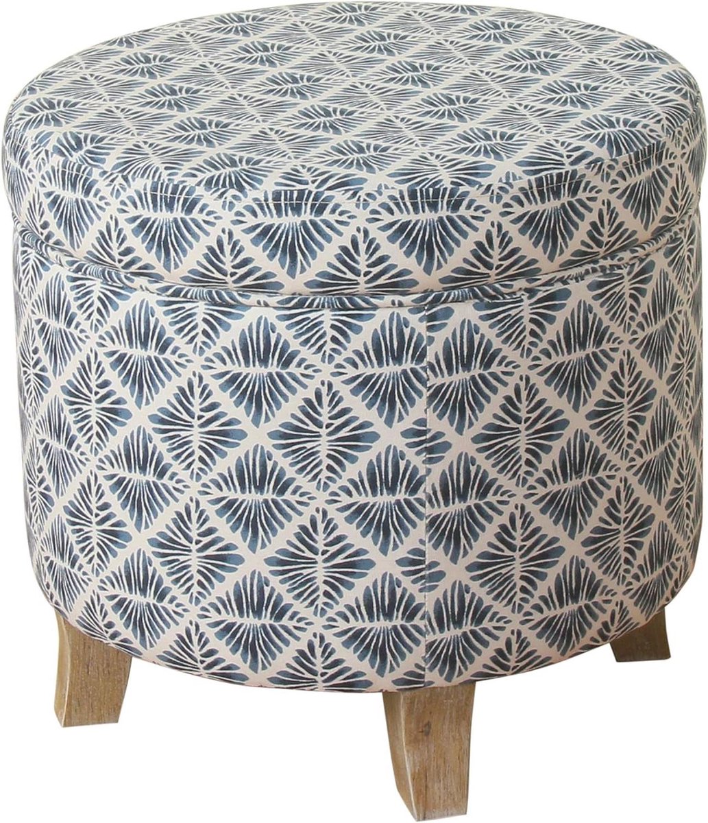 Ronde Opberg Poef - Zitbankje met Opslag - Woonkamer Decoratie - Stevige Houten Poten - 18x19 Inch - Marineblauw Geometrisch