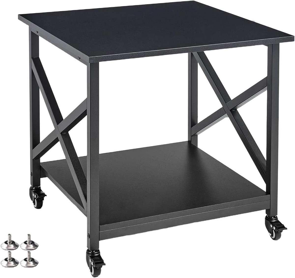 Grote printerstandaard met 2 niveaus, 60 x 50 x 50 cm vierkante printertafel met opbergplank, rollende printerkar met industriële wielen voor thuiskantoor, mini-koelkaststandaard tafel - zwart