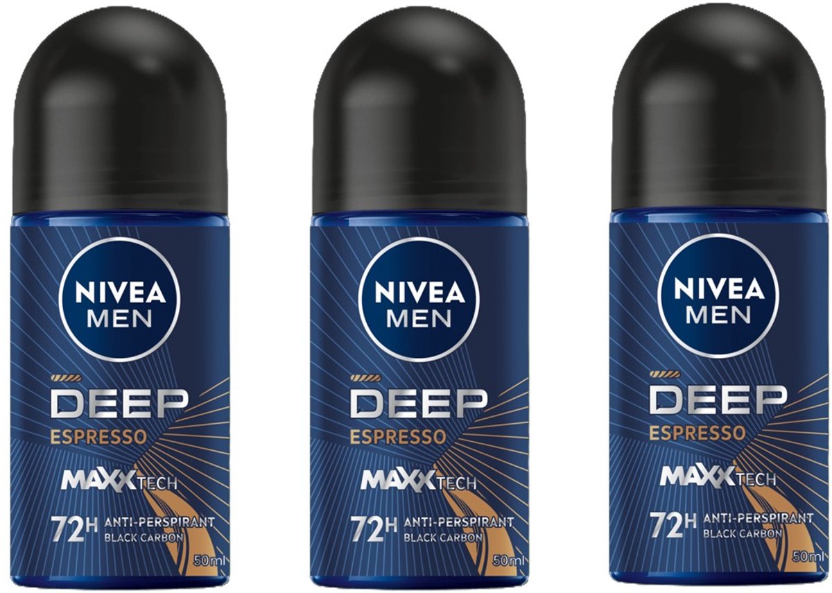 Nivea Deo Roll-on Men - Deep Black Carbon Espresso - 50ml - Voordeelverpakking 3 stuks