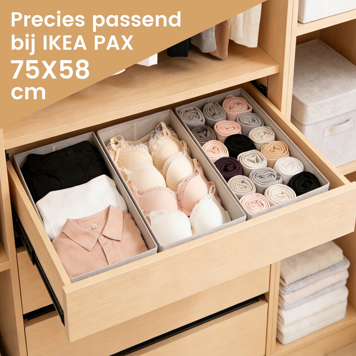 Lade Organizer Set (3 stuks) – Geschikt voor IKEA (PAX 75, MALM, HEMNES) – Kledinglade opbergsysteem – 22×51×11 cm( 2 stuks) + 19×51×11 cm(1 stuk)
