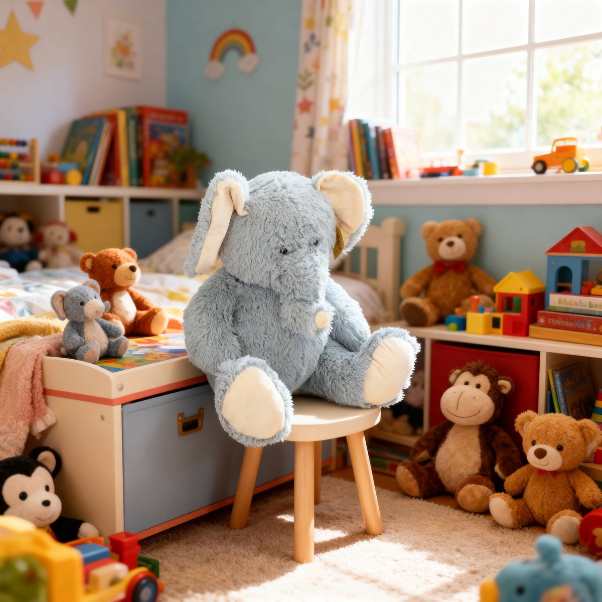 Sunkid pluche olifant zittend 60cm - grote zittende knuffelolifant - superzacht en kindvriendelijk - ideaal als knuffel en decoratie - grijsblauw met crème - 60x35x25cm