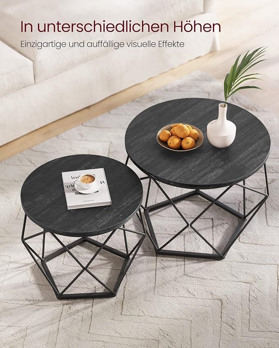 Salontafel set van 2 rond 50x40x40 cm – Vintage bijzettafel met afneembaar tafelblad, metalen frame, industrieel design greige-zwart – Woonkamertafel / koffietafel – Urbanhome