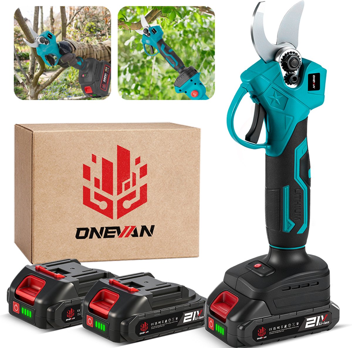 ONEVAN Elektrische Snoeischaar - 21V Snoeischaar - 30mm Snijdiameter - Borstelloze Heggenschaar - SK5 koolstofstaal - met 2 x accu's - Voor Boomgaard, Tuin, Boerderij, Park, Tuinieren