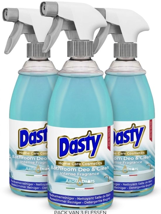 Drie flessen Dasty Badkamer Deo & Clean met blauwe vloeistof en witte spuitkoppen.
