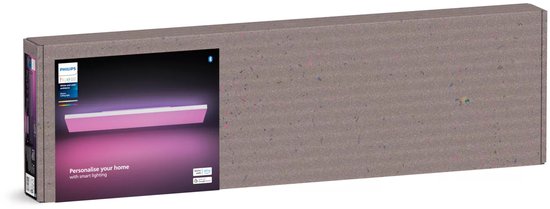 Verpakking van een Philips Hue paneellamp met een afbeelding van de lamp in roze licht.