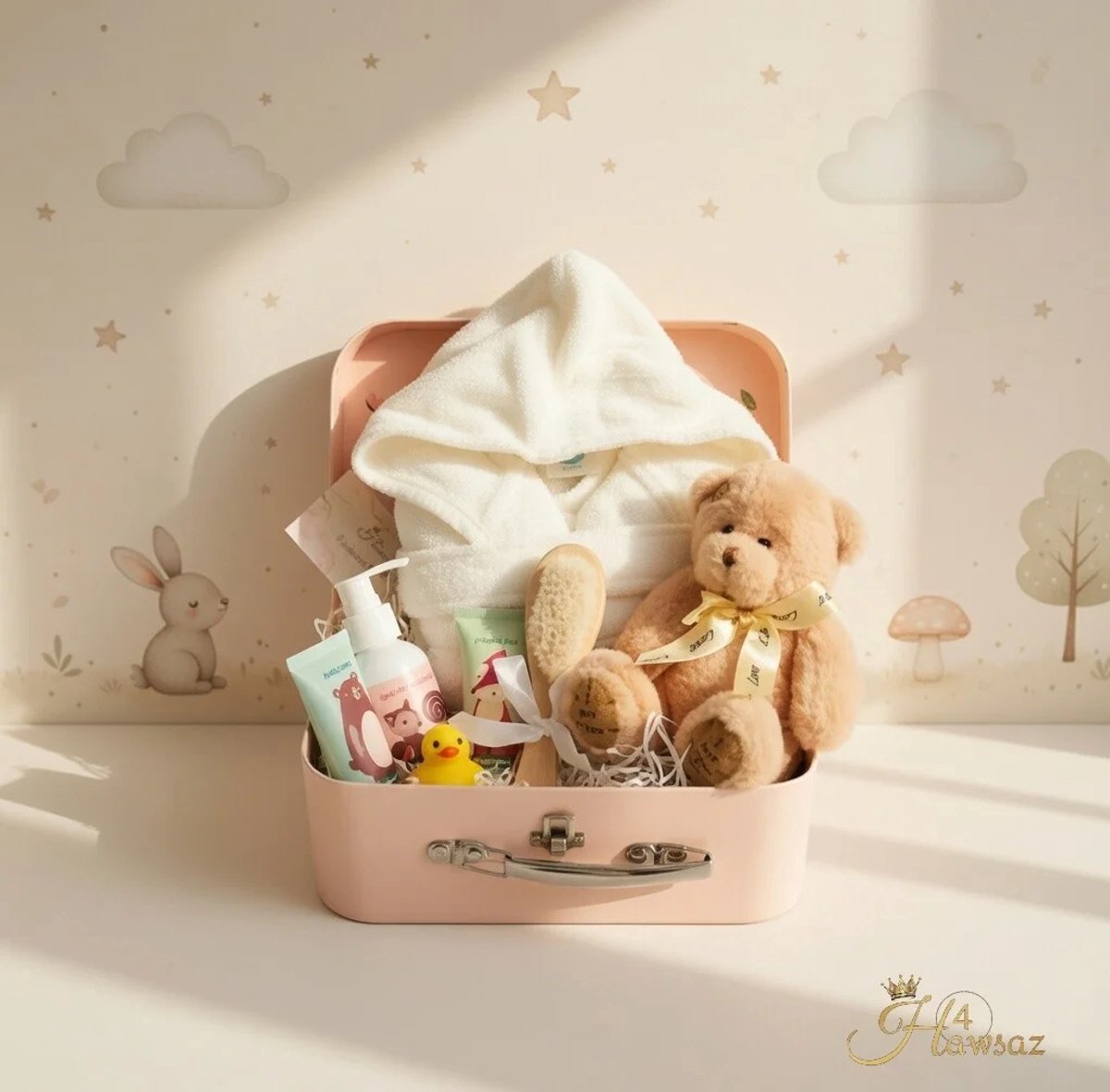 Kraamcadeau Meisje - Jongen - Hawsaz.nl Cadeau - Genderneutraal kraamcadeau - Geschenkset unisex - Babygeschenkset - Badjas - cadeau met naam - Babyshower - Gepersonaliseerde cadeaus - Knuffel - Babyverzorging - Baby koffertje