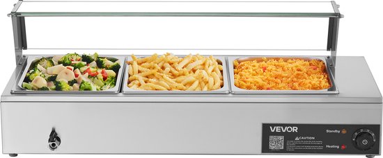 VEVOR Commerciële Voedselwarmer met Glazen Deksel en 3 Containers (1/2 Formaat) 1500W Buffet Warmer Roestvrij Staal, Buffet Containers Buffet Waterbad Voedselwarmer voor Restaurants Feesten Buffetten — afbeelding 2