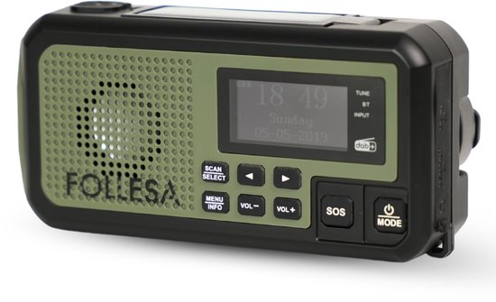 FOLLESA® DAB-373BT Noodradio - Solar Powerbank - 5000mAh - DAB+/FM - Met waterdicht zakje - Noodradio - Opwindbare Survivalradio - Bluetooth & Digitale Wekker - Ideaal voor Noodpakket.
