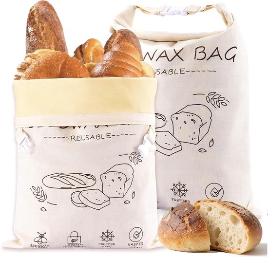 Sac à pain en cire d'abeille 2 pièces - 43x33cm - Grand et Portable - Pour pain au levain - Sacs à pain en coton ciré d'abeille - Sacs à pain en coton ciré d'abeille réutilisables - Pour pain maison - Résistant au congélateur - Reste frais - Beige