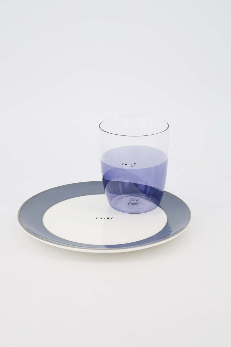 Zusss Set Van Een Ontbijtbordje Enjoy En Drinkglas Smile In Het Blauw - Verjaardag - Cadeau Keramiek White / Blue