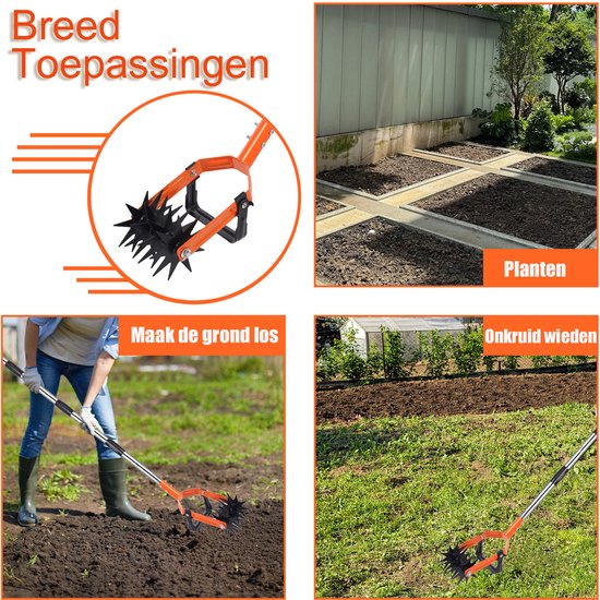 Rotatiecultivator voor in de tuin, verstelbare handfrees met lange steel en stervormige rollende tanden, 2-in-1 onkruidverwijderaar en grondbeluchter voor gazononderhoud, gras opnieuw inzaaien, grond mengen, handmatige tuinfrees. — afbeelding 5