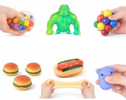 Happy Trendz® Squeeze Knijp Anti stress Pakket 6 stuks - Anti Stress Pakket - Squishy- Tong - Foam - Dna Ball - Divers - Anti Stress - Voor Kinderen & Volwassenen