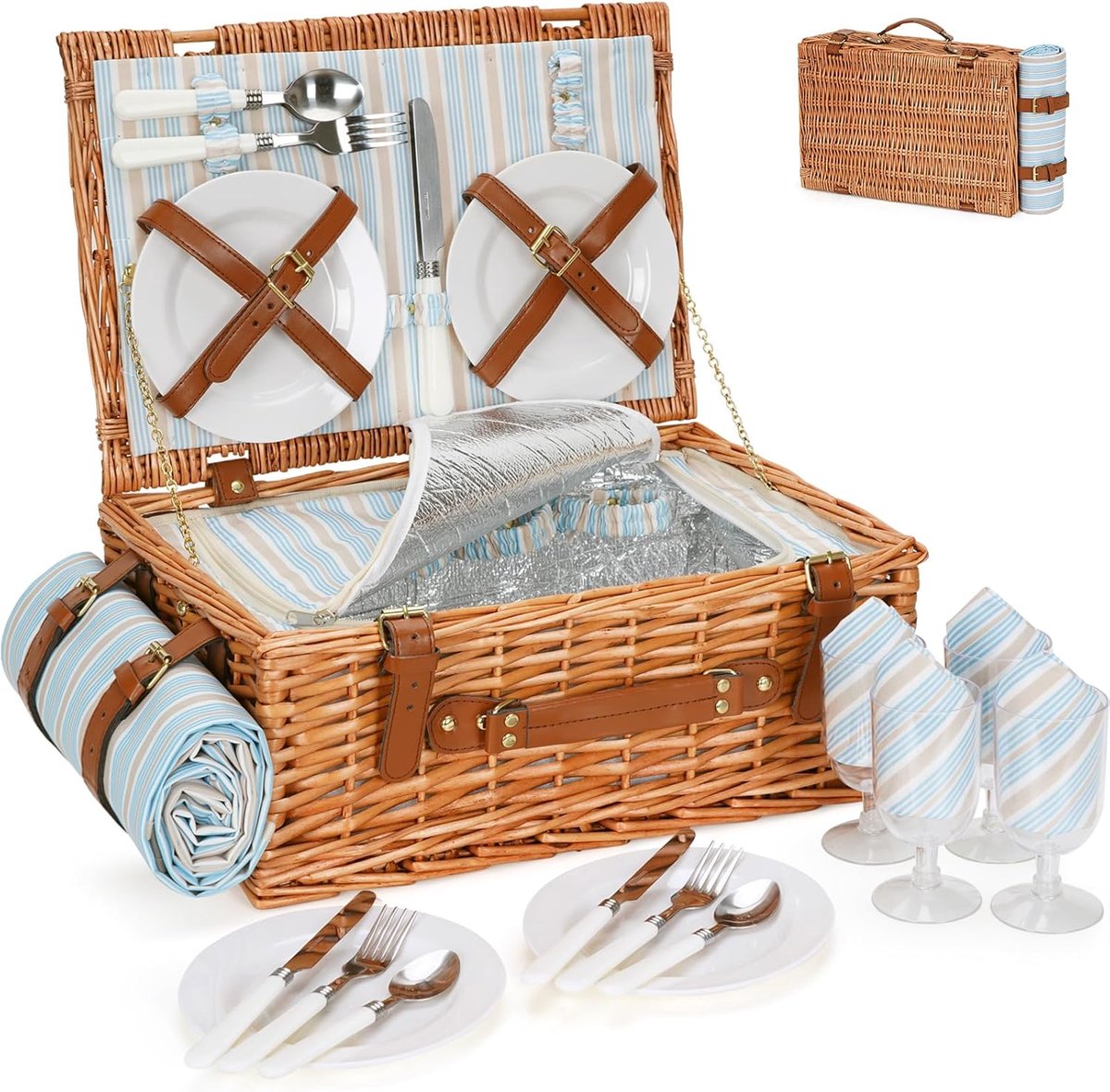 Picknickmand met Groot Geïsoleerd Koelvak voor 4 Personen - Picknick Mandje - Boodschappenmand - Fruitmand - Winkelmand - Rieten Mand - Klassiek Bruin - 15L - van Imperatoris